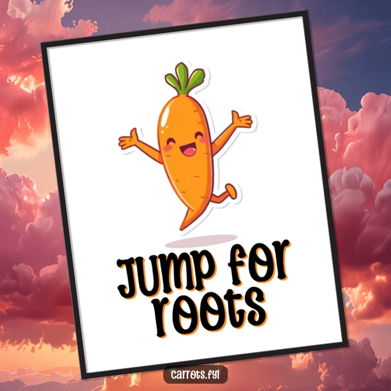 Funny poster artwork of an anthropomorphic carrot character leaping with pure, unadulterated joy, bringing a splash of playful energy to any wall.