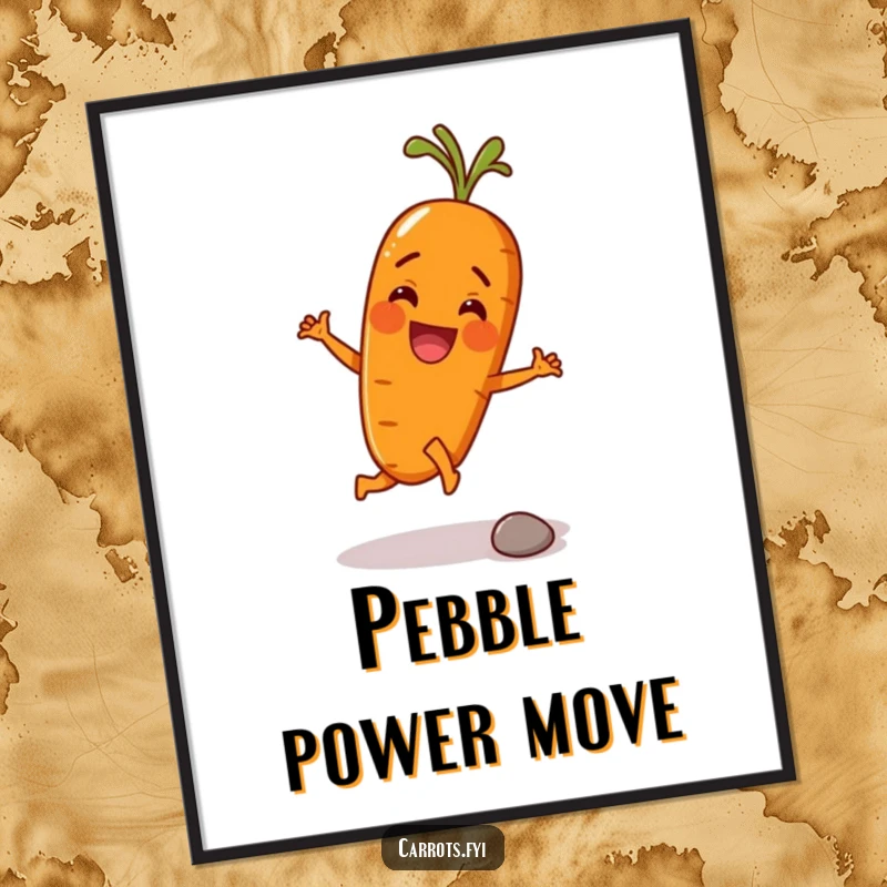 Funny poster print of an anthropomorphic carrot character enthusiastically kicking a tiny pebble with its root, capturing a moment of pure, comedic delight.