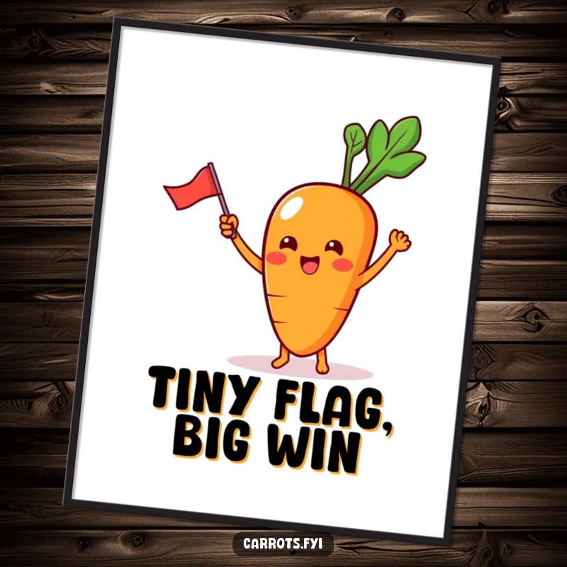 Funny Poster artwork of a kawaii carrot character with tiny feet, excitedly waving a miniature flag, radiating pure joy.