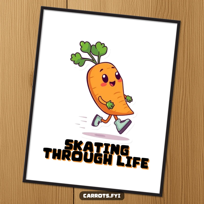 Funny poster print of an anthropomorphic carrot character wearing tiny roller skates, speeding along with a joyful expression, perfect for dynamic wall decor.
