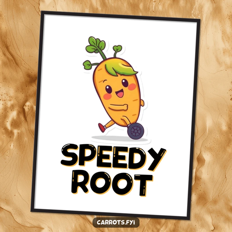 Funny poster art of a happy carrot character with green hair zooming forward swiftly on tiny wheels, radiating pure energetic fun.