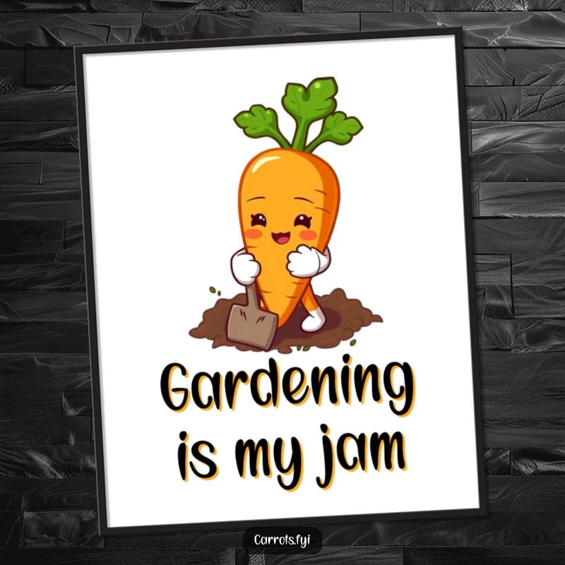 Funny poster of a carrot character wearing tiny gloves, happily digging in the earth, radiating garden satisfaction.