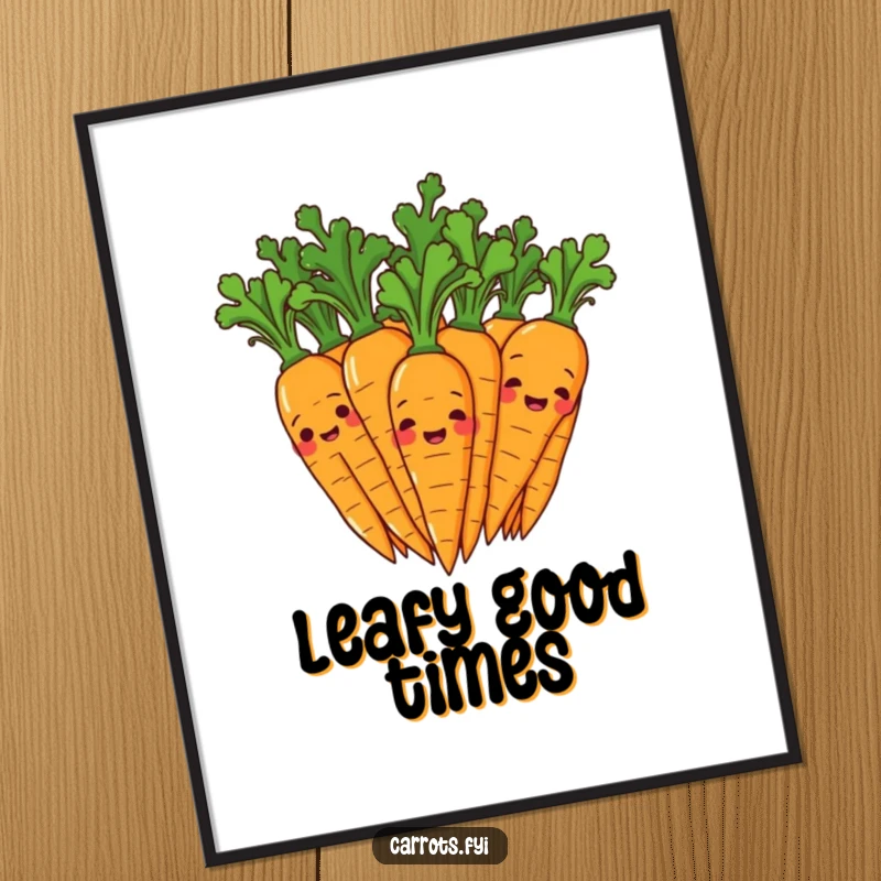 Funny poster featuring a lively group of carrot characters giggling, their green leafy tops wiggling with excitement and infectious, humorous energy.