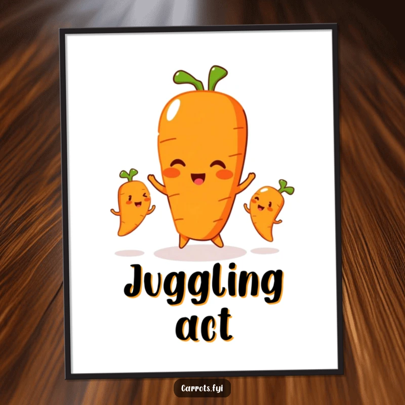 Funny poster art of a carrot character playfully juggling three smaller, smiling carrots, showcasing impressive and humorous skill.