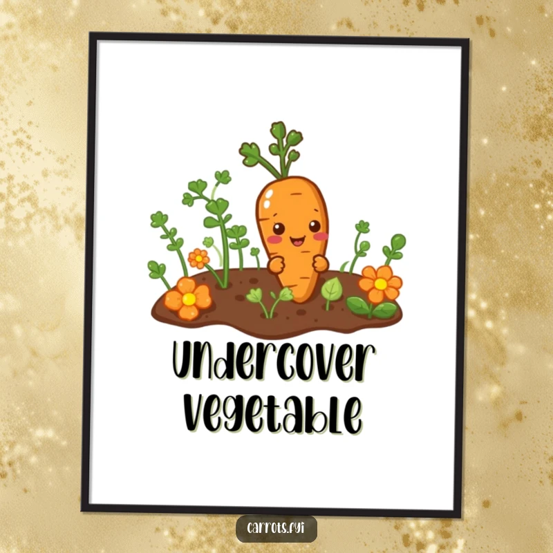 Funny poster print of a mischievous carrot character peeking from a garden patch, adding a touch of playful charm and humor.