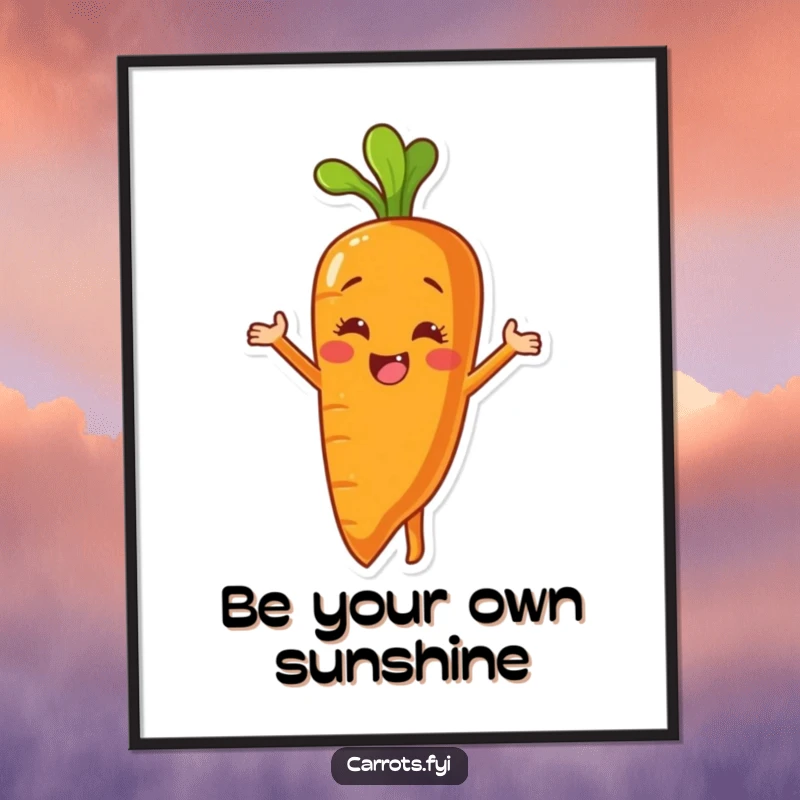Funny poster illustrating a carrot character peeling itself with enthusiasm, revealing a bright, cheerful, smiling interior.