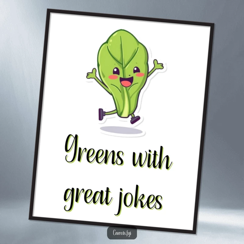 Funny spinach leaf poster depicting a happy character performing a hilarious stunt, ideal for adding comedic flair to decor.