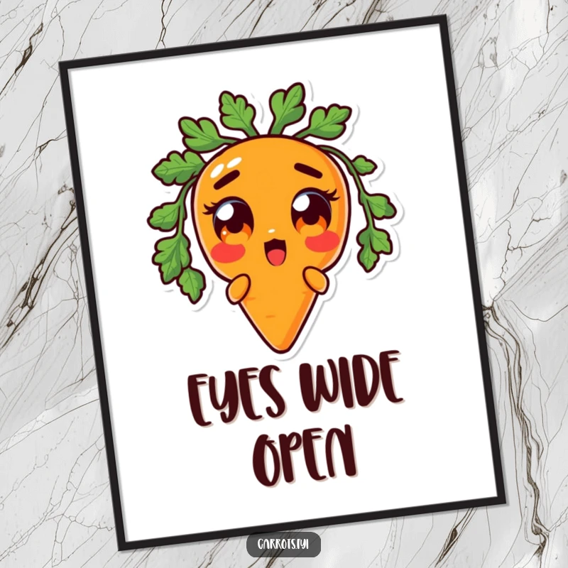 Funny poster artwork of an anthropomorphic carrot character looking utterly surprised with huge, wide-open orange eyes, radiating hilarious shock.