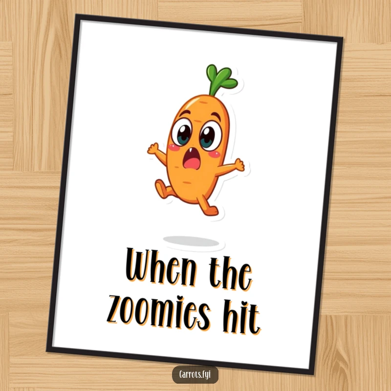 Funny carrot character captured mid-leap with wide eyes on a poster, showcasing surprise and humor.