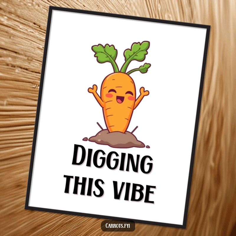 Funny carrot poster illustrating a victorious carrot hero successfully pulling itself out of the ground with a look of sheer triumph.