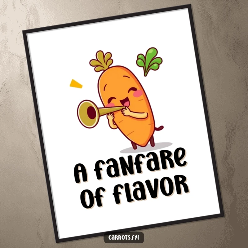 Funny poster artwork of an anthropomorphic carrot character playing a miniature trumpet with cheerful enthusiasm, radiating musical joy and vibrant energy.