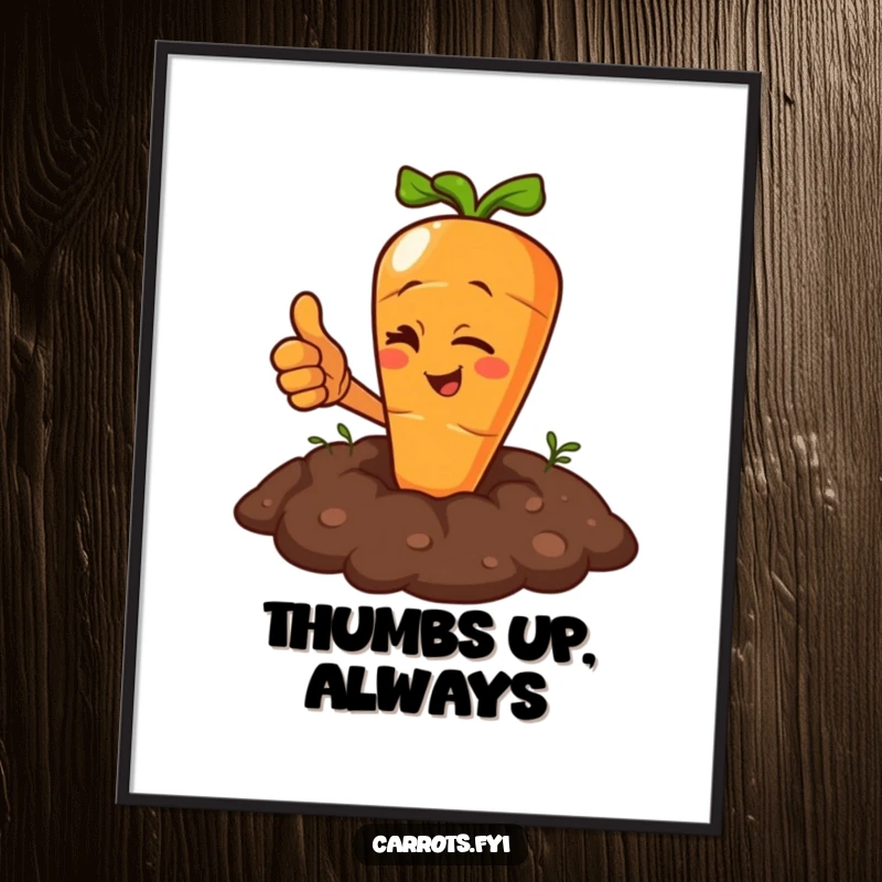 Funny Carrot Poster: An art print of a carrot character winking and giving a thumbs up from its home in the soil.
