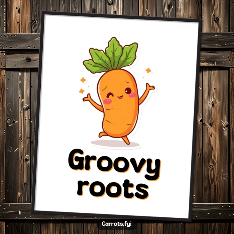 Funny poster capturing a carrot character in a whimsical, energetic dance, its leafy top creating a sense of movement.