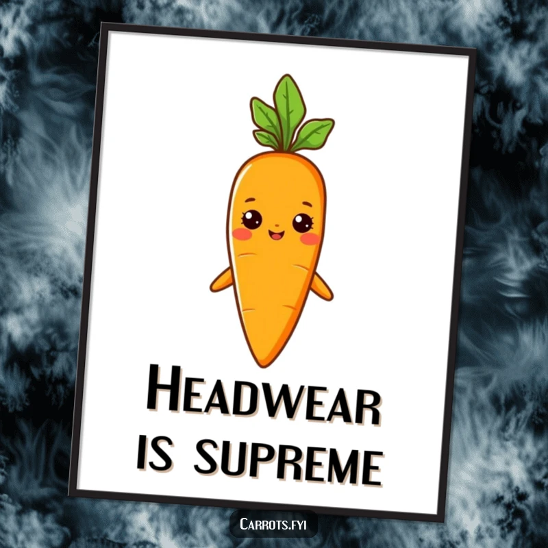 Funny poster of a carrot character proudly wearing a small sprout hat, radiating confidence and unique style.