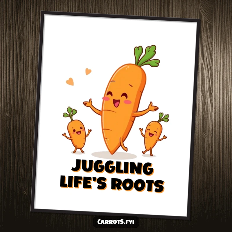 Funny poster print of an anthropomorphic carrot character performing an impressive juggling act with three smaller root vegetables, full of energy and charm.