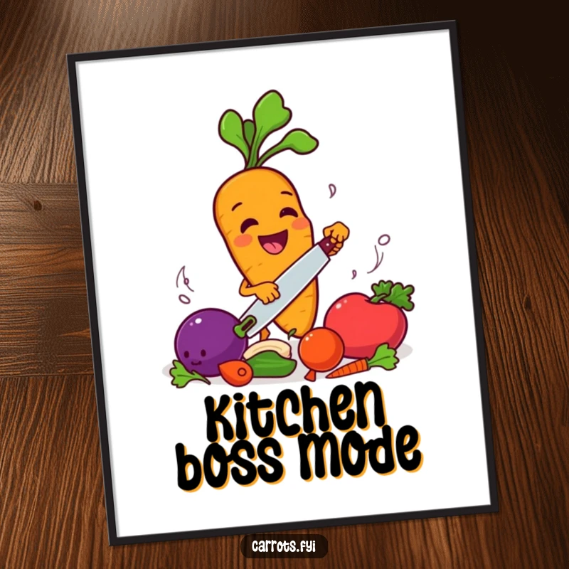 Funny carrot character smiling and enthusiastically chopping vegetables, a humorous and lively poster.