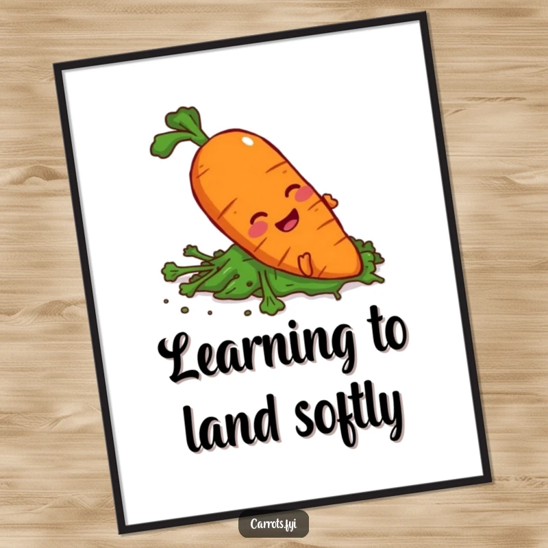 Funny carrot character comically slipping on spilled greens on a poster, depicting slapstick.