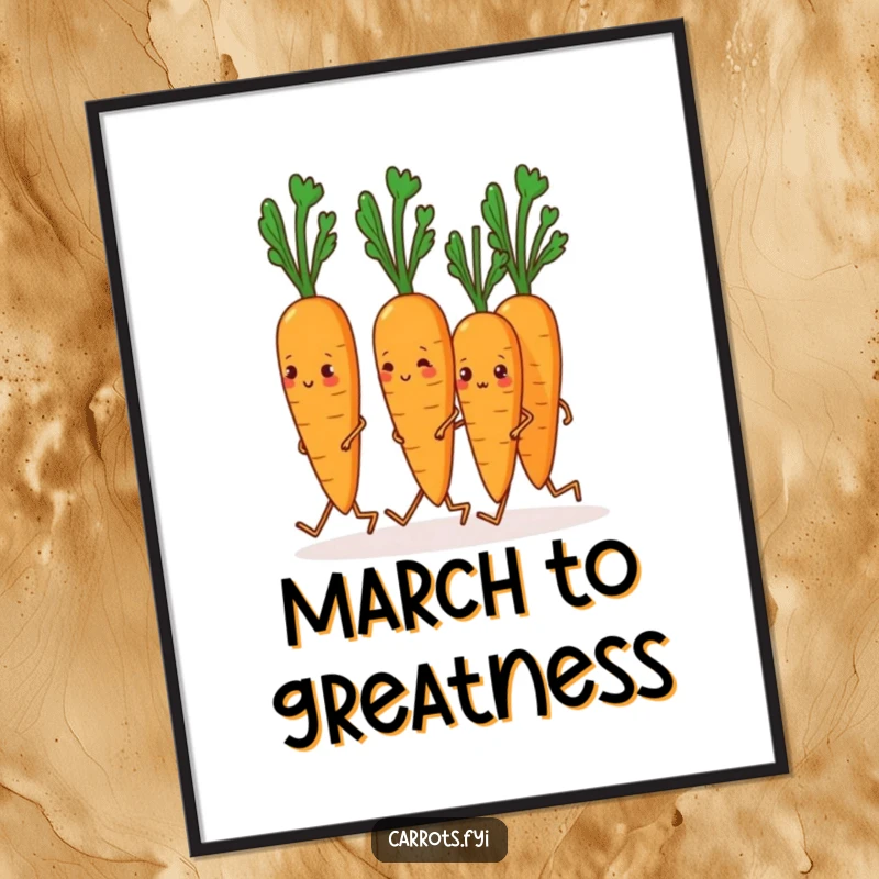 Funny Carrot Poster: Artwork of carrots with tiny legs marching in perfect formation, adding a humorous and playful element to decor.