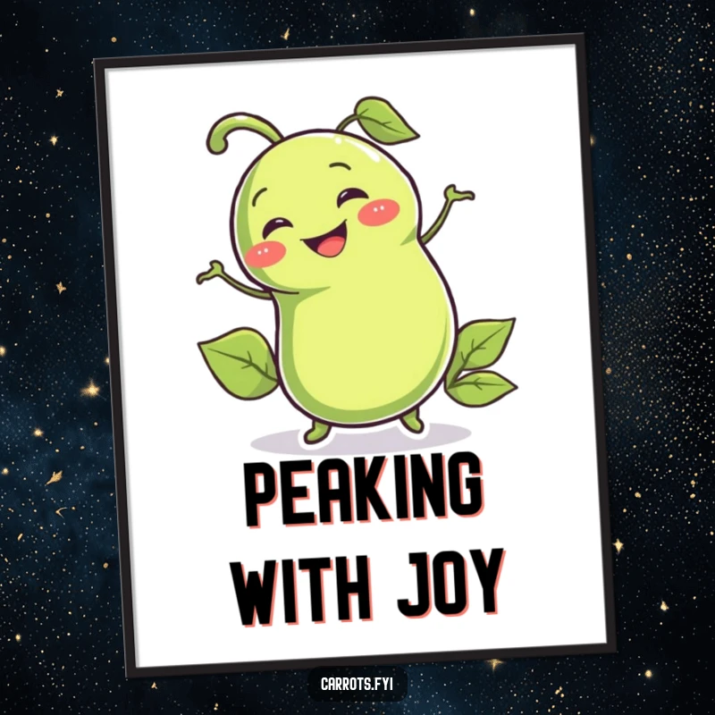 Funny poster print of a smiling pea pod character wiggling enthusiastically, adding whimsical joy and humor to decor.