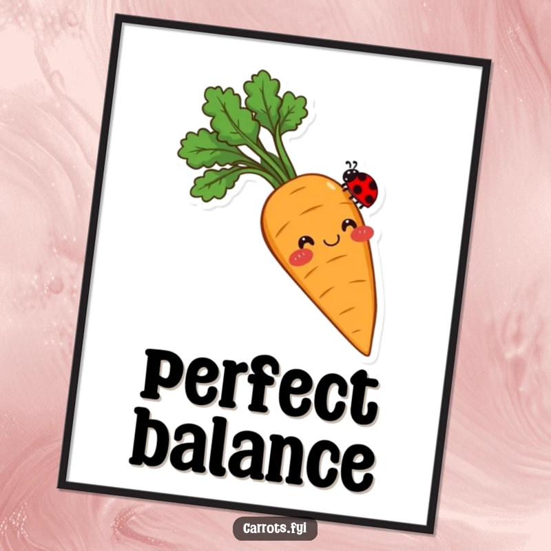 Funny poster of a smiling carrot with rosy cheeks, its tip delicately balancing a tiny ladybug, radiating sweetness and gentle, heartwarming humor.