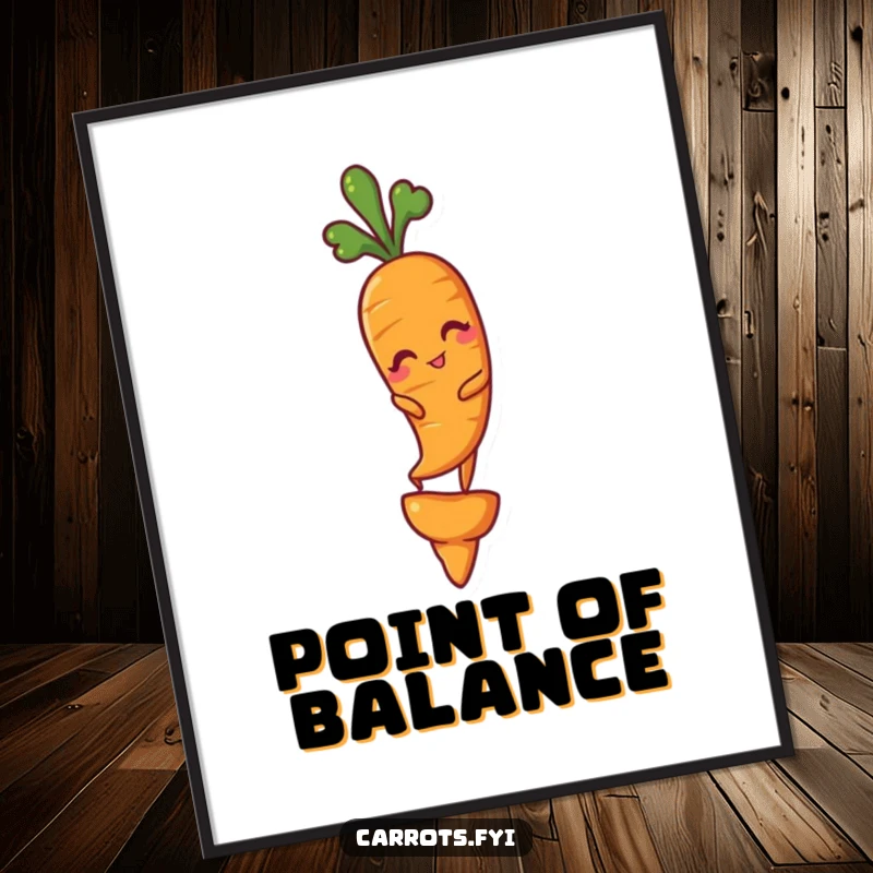 Funny poster art of a carrot with a mischievous wink, balancing skillfully on the point of another carrot, capturing daring humor.