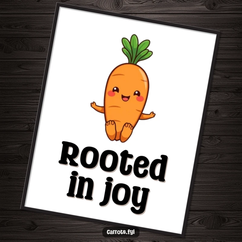 Funny smiling carrot poster with green leafy hair, wiggling its toes, bringing playful charm and garden freshness to decor.