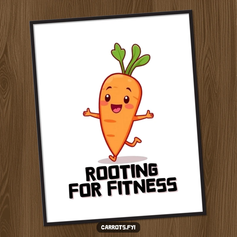 Funny Carrot Character Poster: A smiling carrot character jogs with enthusiasm, creating a dynamic and humorous visual for wall decor. Motivational art.