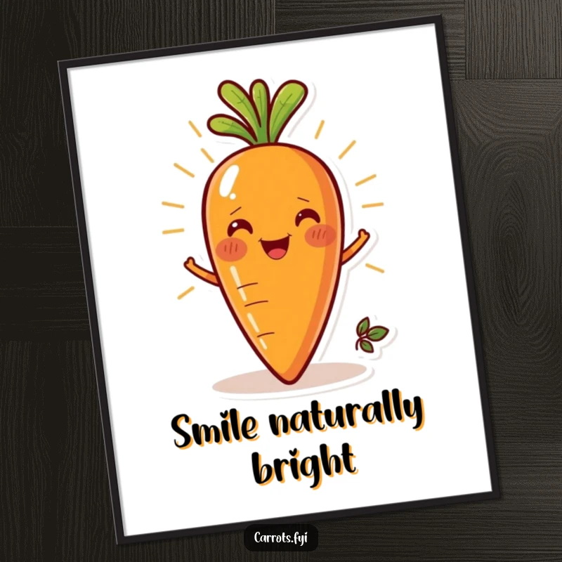 Funny poster print of a smiling carrot character radiating freshness, bringing a cheerful and vibrant atmosphere to any wall.