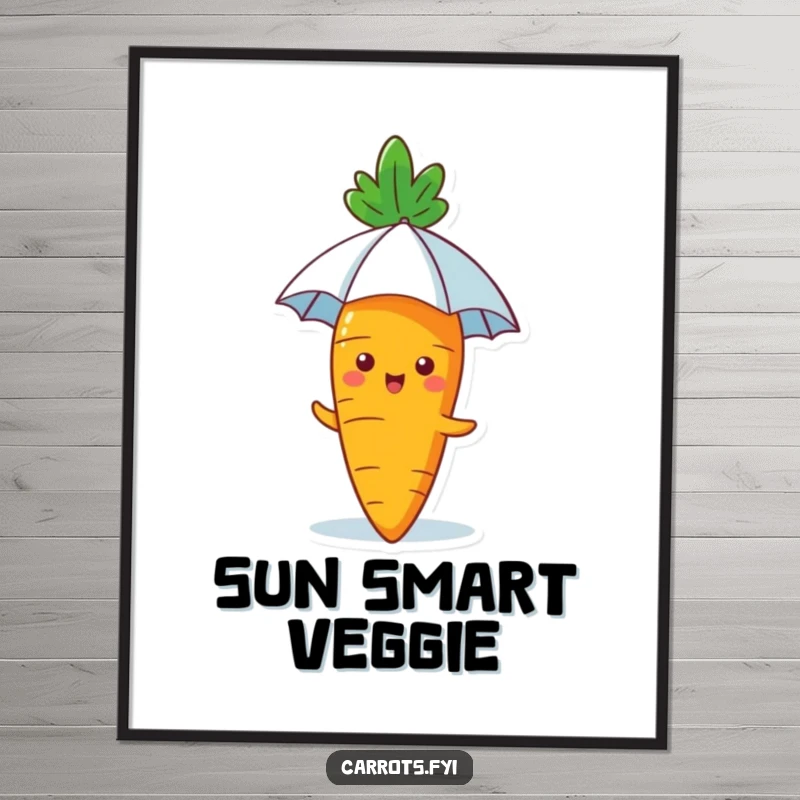 Funny Carrot Poster: Artwork of a happy carrot using a tiny umbrella for sun protection, adding an adorable and humorous touch to any space.