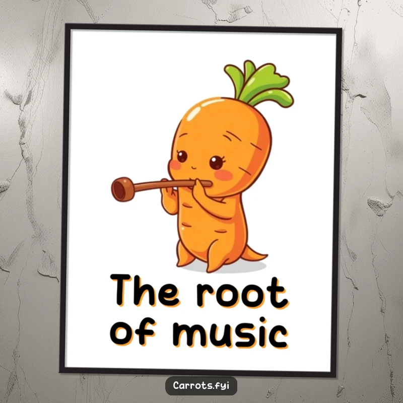 Funny poster depicting a cheerful carrot character playing a tiny flute, highlighting the hollow stalk as its instrument.