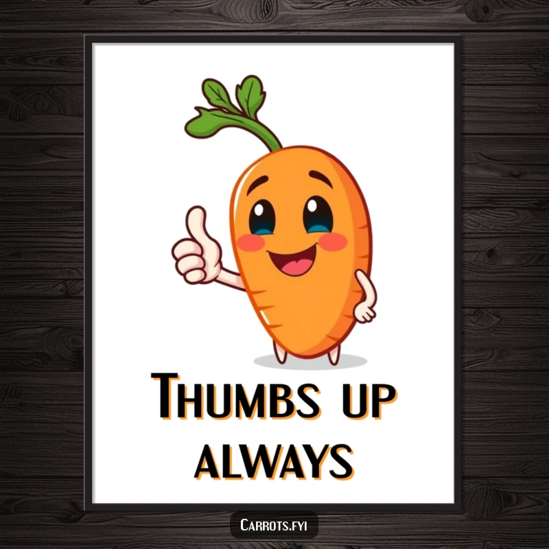 Funny poster featuring a jolly carrot character giving a healthy thumbs-up, adding cheerful and humorous decor.