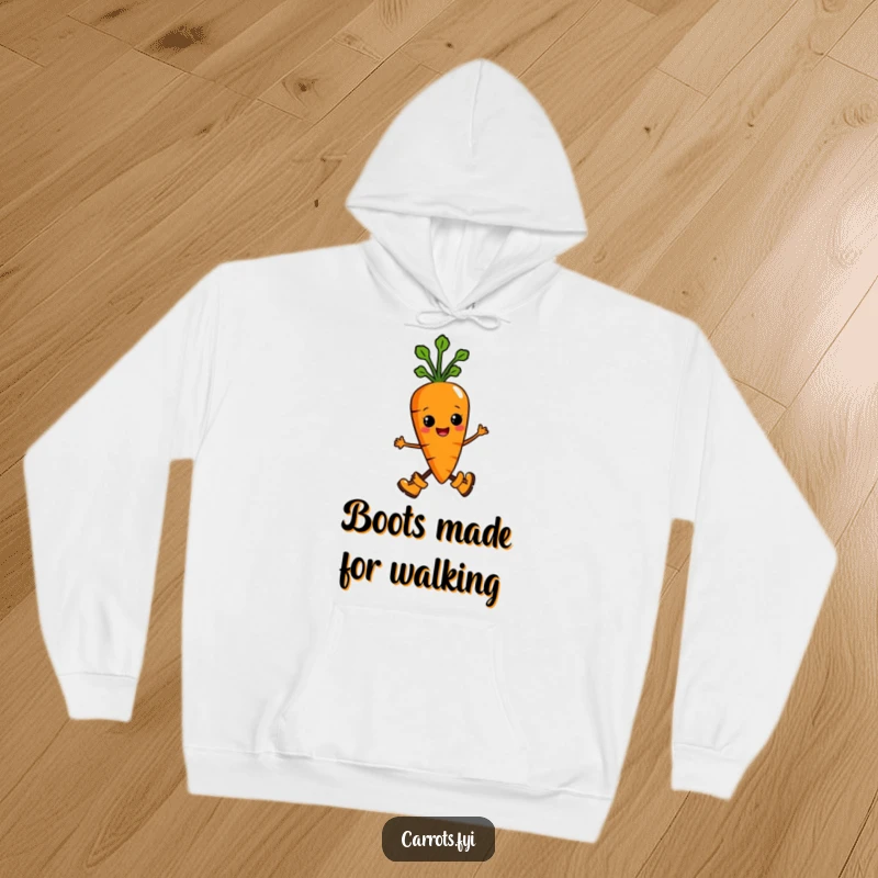 Funny hoodie featuring an anthropomorphic carrot character marching with pride in tiny boots, offering a humorous and warm design for confident wear.
