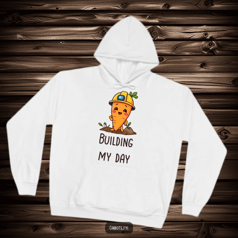 Funny Carrot Hoodie: A warm hoodie featuring a carrot character in a construction helmet, playfully digging.
