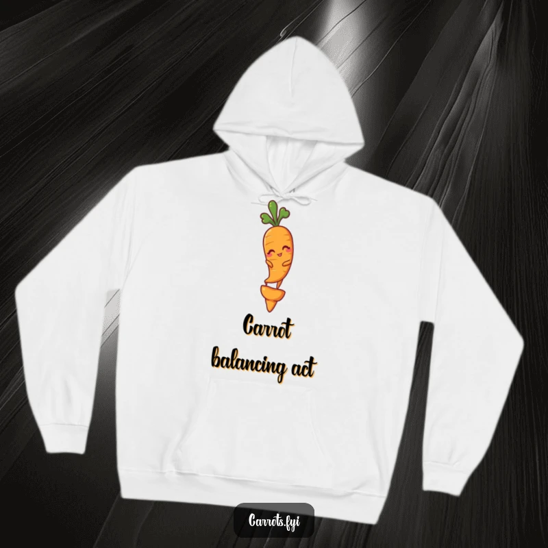 Funny hoodie illustration of a carrot winking while performing a delicate balancing act on a single carrot point.