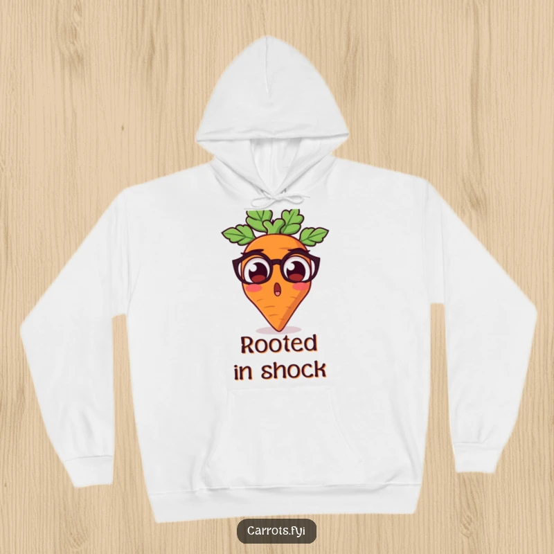 Funny hoodie featuring a carrot character with comically wide, startled earthy eyes, capturing a moment of unexpected surprise.