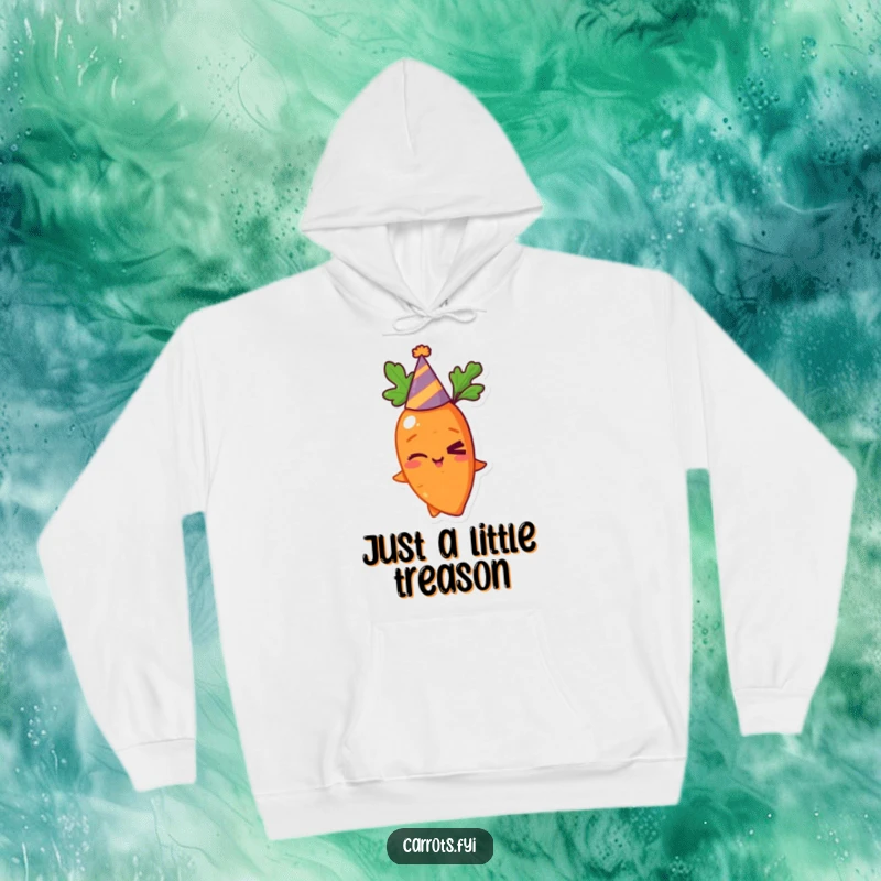 Funny and cozy hoodie featuring a winking carrot character in a party hat, perfect for spreading warmth and laughter.