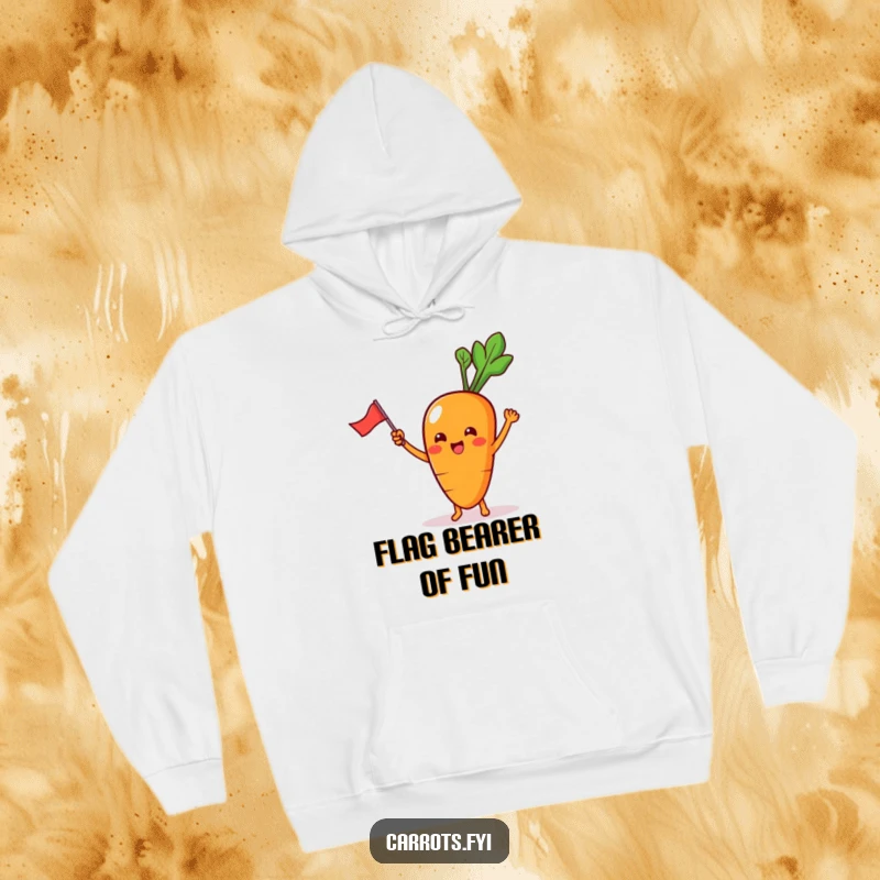 Funny Hoodie with a kawaii carrot character, tiny feet visible, energetically waving a miniature flag, radiating happiness.