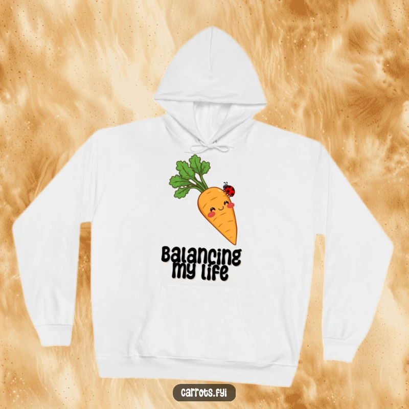 Funny hoodie showing a sweet carrot with rosy cheeks, its tip perfectly balancing a tiny ladybug, creating a heartwarming and humorous image.