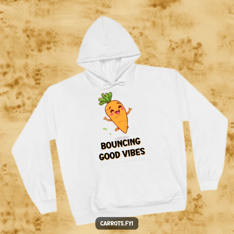 Funny hoodie depicting a happy carrot character with a wide grin bouncing playfully, exuding joy and a fresh scent trail.