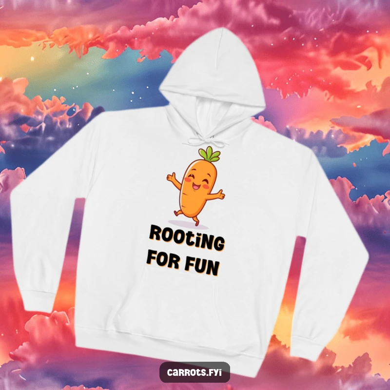Funny hoodie depicting a cheerful carrot character performing a happy dance, offering cozy comfort and a touch of whimsy.