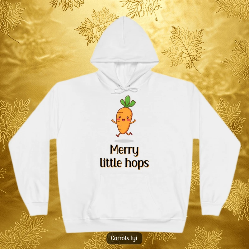 Funny playful carrot hoodie with small legs, merrily hopping, offering cozy warmth and lighthearted fun.