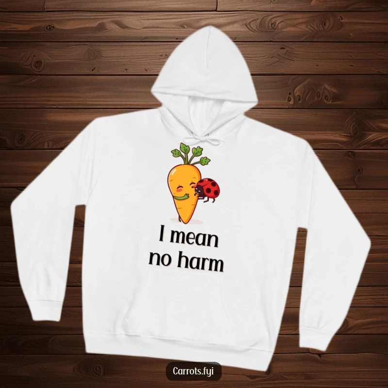 Funny hoodie depicting a playful anthropomorphic carrot character gently nudging a friendly ladybug, offering comfort and endearing charm.