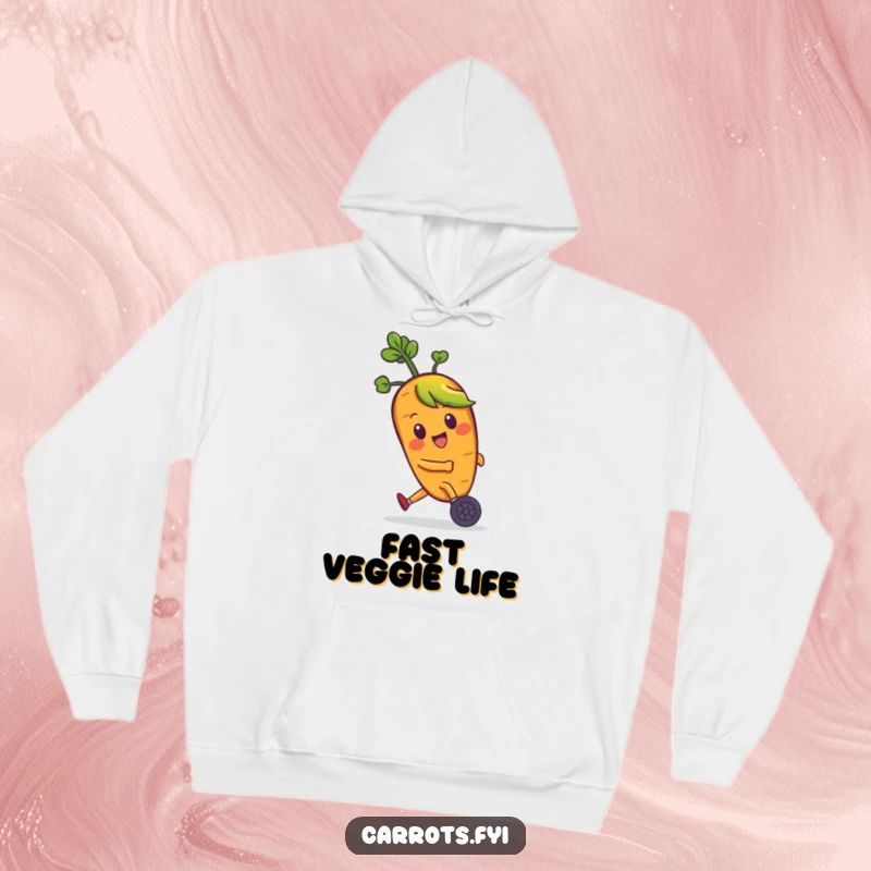 Funny hoodie showcasing a happy, green-haired carrot character in full zoom on tiny wheels, a delightful and humorous design.