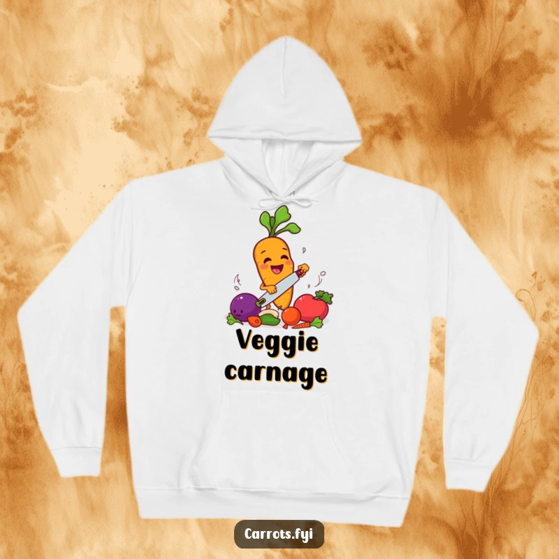 Funny carrot character happily chopping vegetables, a cozy and humorous hoodie for kitchen enthusiasts.