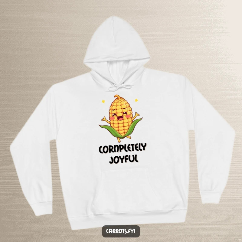 Funny hoodie depicting an anthropomorphic corn kernel character spinning joyfully, offering cozy comfort and whimsical charm.