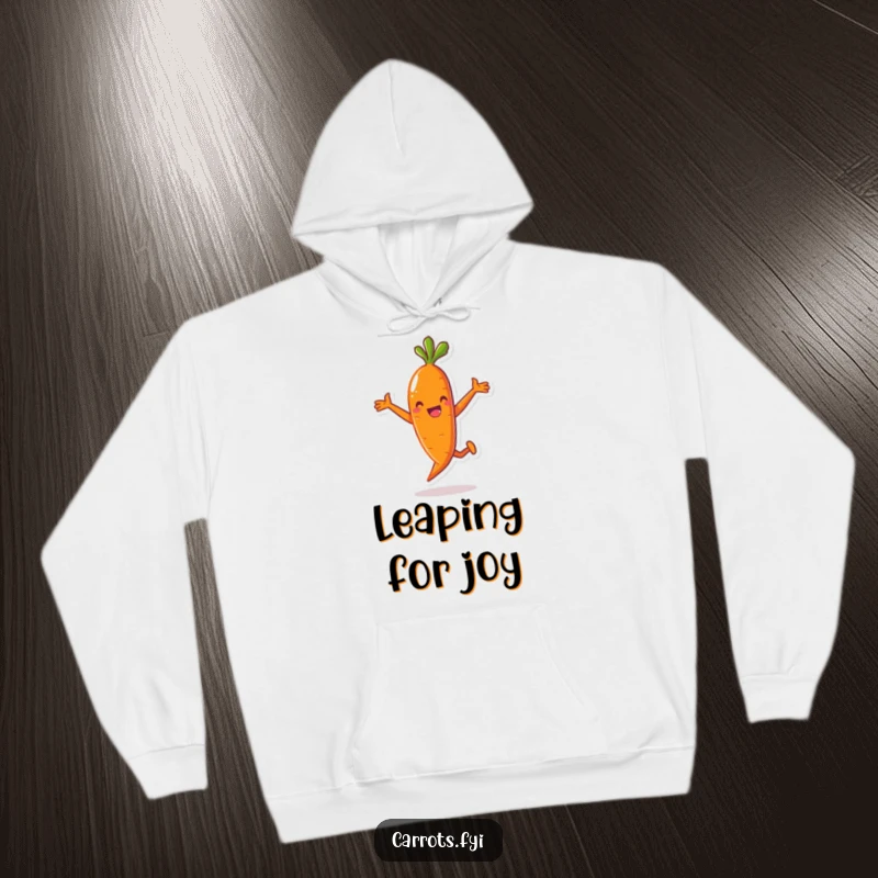 Funny hoodie showcasing an anthropomorphic carrot character frozen in a funny, playful jump, radiating energy and lightheartedness in a cozy design.