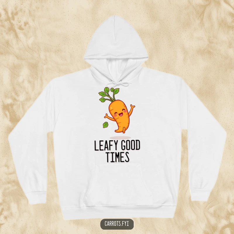 Funny carrot character dancing joyfully with leafy greens, a cozy and humorous hoodie.