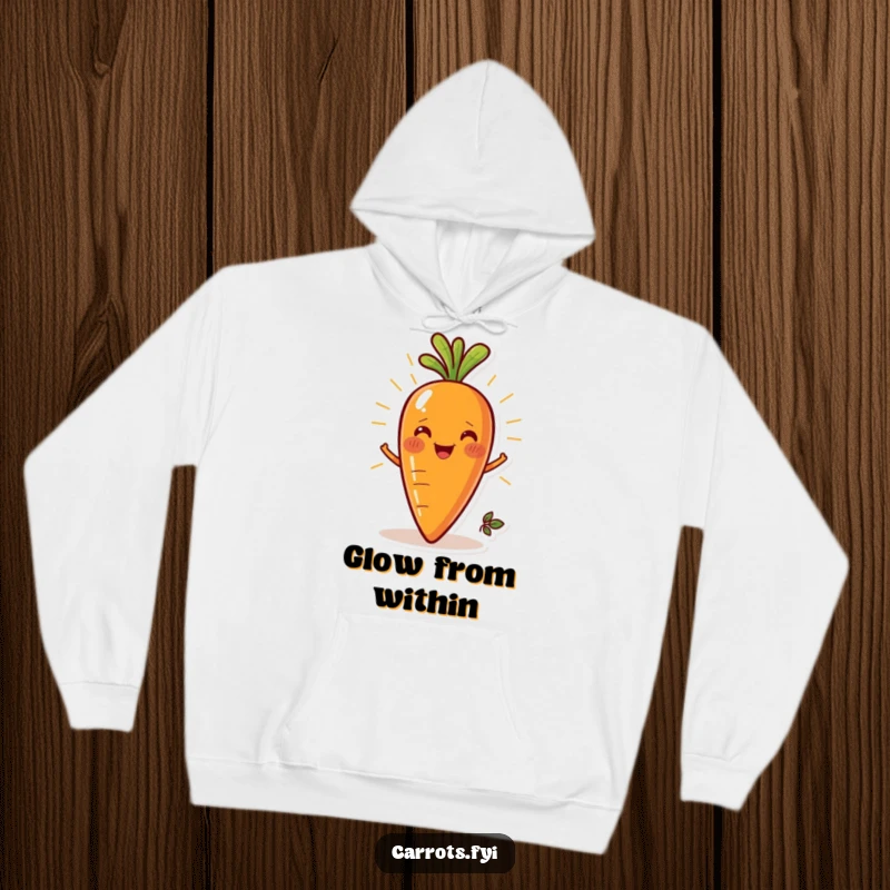 Funny hoodie featuring a smiling carrot character radiating pure freshness, perfect for cozy days and joyful moments.