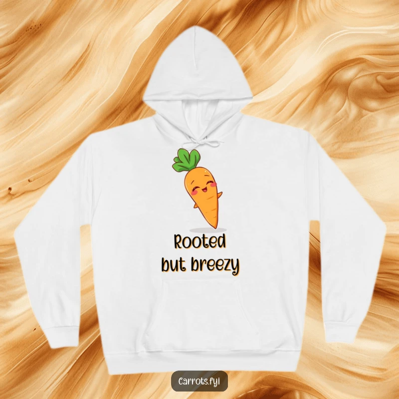 Funny hoodie with a giggling carrot character delightedly experiencing a gentle breeze, perfect for cozy days.
