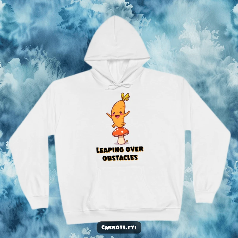 Funny hoodie showcasing a single, jubilant carrot character in mid-air, leaping joyfully over a mushroom, its expression full of exuberance.